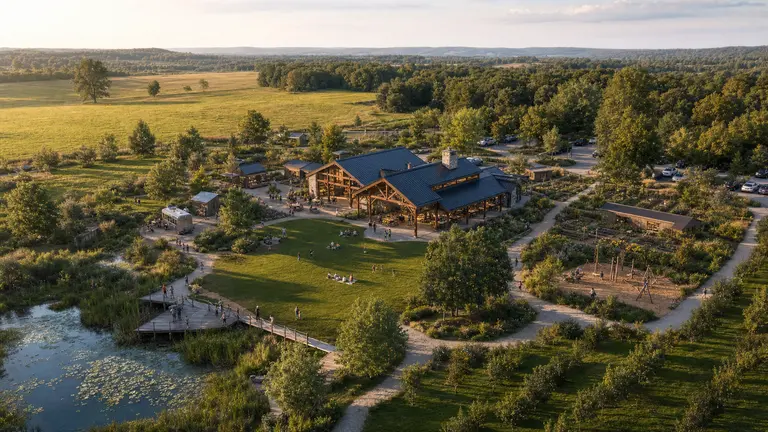 Illustrative aerial destination concept combining timber gathering spaces, gardens, trails, water and open landscape