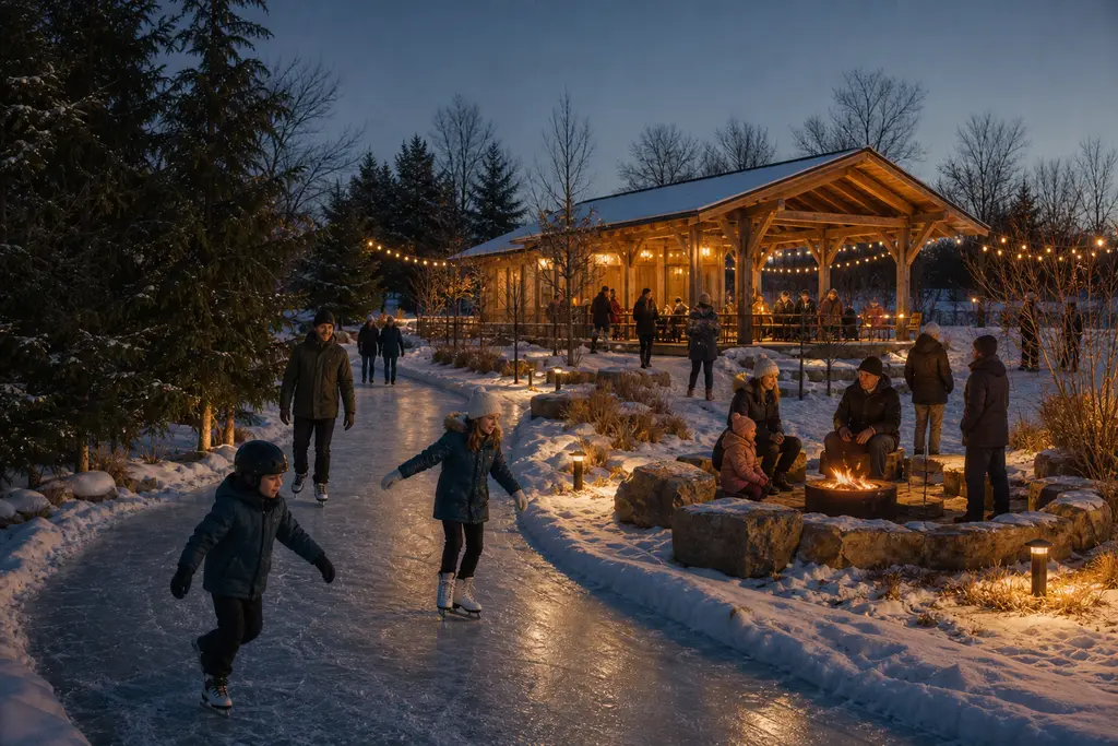 Illustrative concept of a winter gathering beside a timber pavilion with a lit skating path through snow